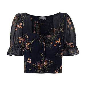 Womens Slim-fit Floral Puff-sleeve Short Top