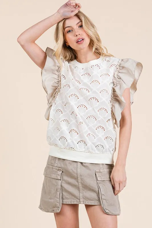 Ruffle Cap Sleeve Embroidered Eyelet Blouse in Cotton – MYN2O