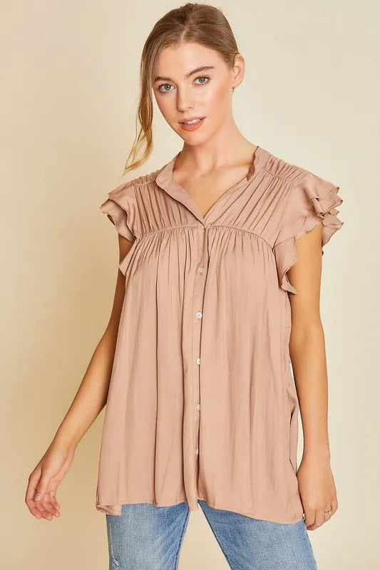 Annie Wear Ruffle Sleeve Shirred Flowy Woven Tunic Shirt – MYN2O

