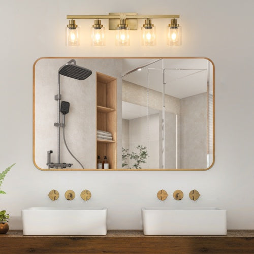 Gold 5 Light Vanity Light With Clear Glass Shade, Modern Iron Bathroom Wall Fixture For Bathroom & Dresser - No Bulbs