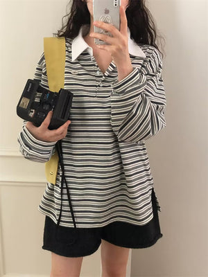 Simple Style Loose Striped Contrast Color Polo Collar Long Sleeve Top