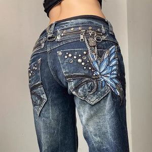 Butterfly-embroidered Low-rise Jeans Womens Y2K Vintage Style