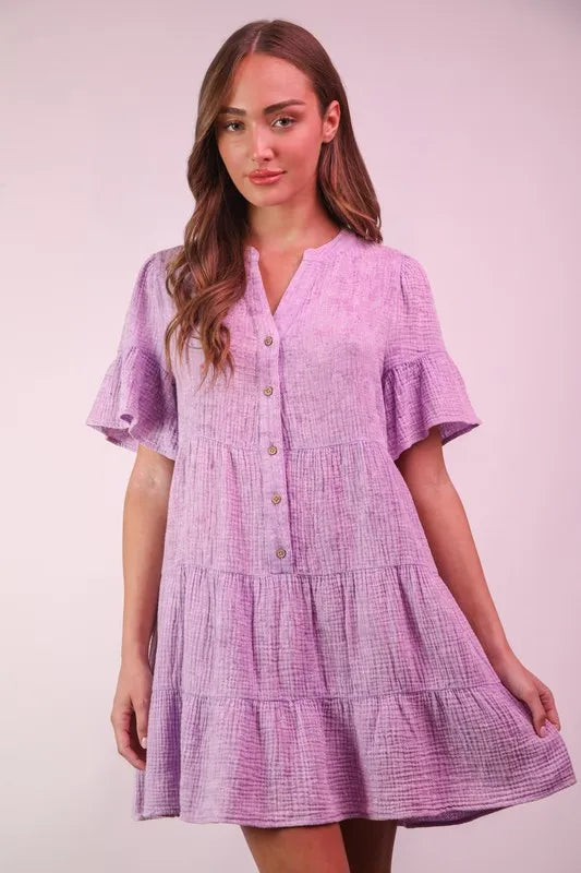VERY J Mineral Washed Baby Bell Sleeve Woven Mini Dress – MYN2O