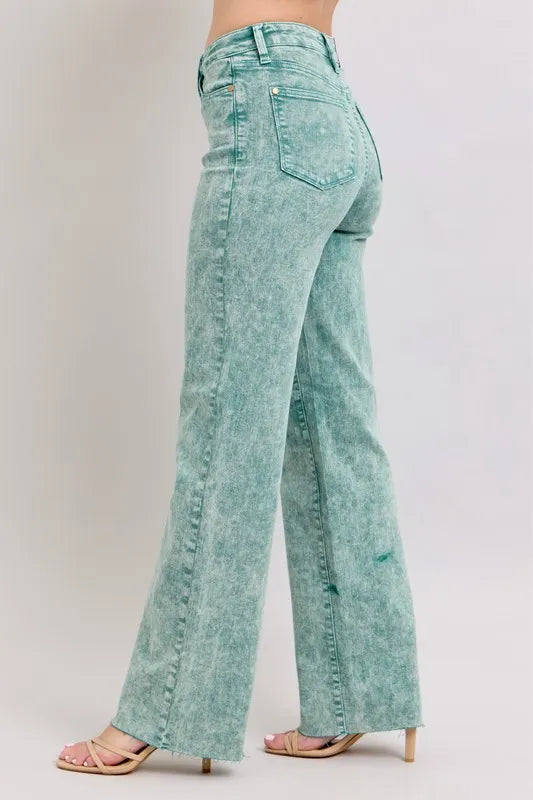 Judy Blue plus-size high-waist garment-dyed raw hem dad jeans in sea green – MYN2O