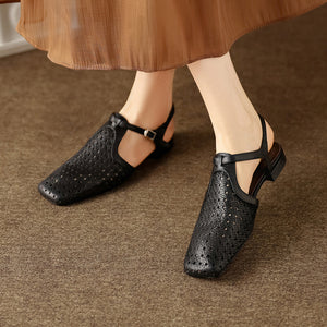 Women's Washed Full Grain Leather Slingback Sandals, Perforated T-Strap Closed-Toe Flat Shoes