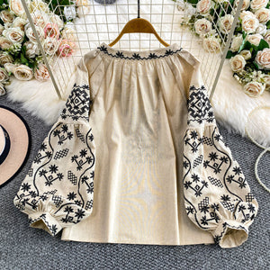 Retro Embroidered Puff Sleeve Shirt For Women