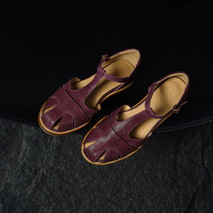 Women's Premium Full Grain Leather T-Strap Fisherman Sandals, Closed-Toe Flat Shoes