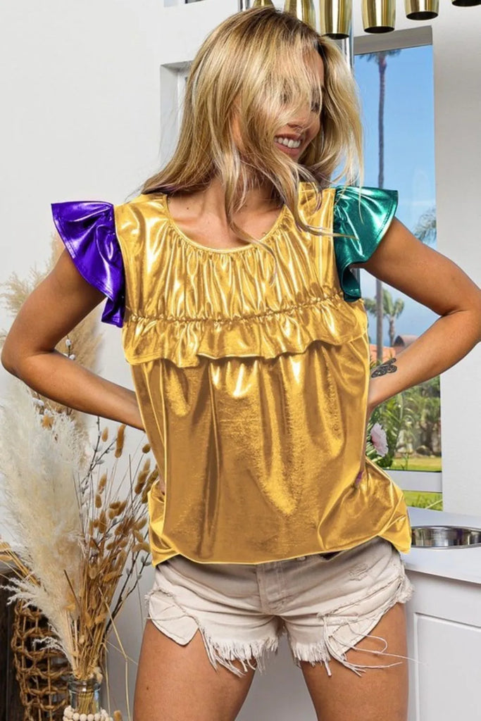 BIBI Foiled Knit Color Block Short Sleeve Ruffled Top – MYN2O