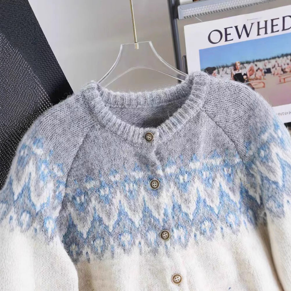 Contrast Color Jacquard Thickened Sweater Coat Women