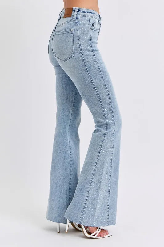 Judy Blue plus-size mid-rise rhinestone side panel flare jeans – glamorous embellished denim – MYN2O