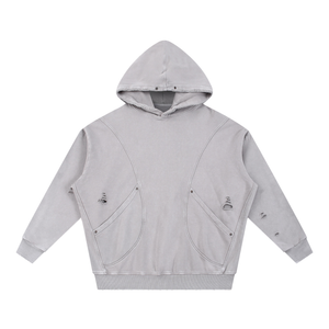 Snow Washed Distressed Panel Pocket Hoodie