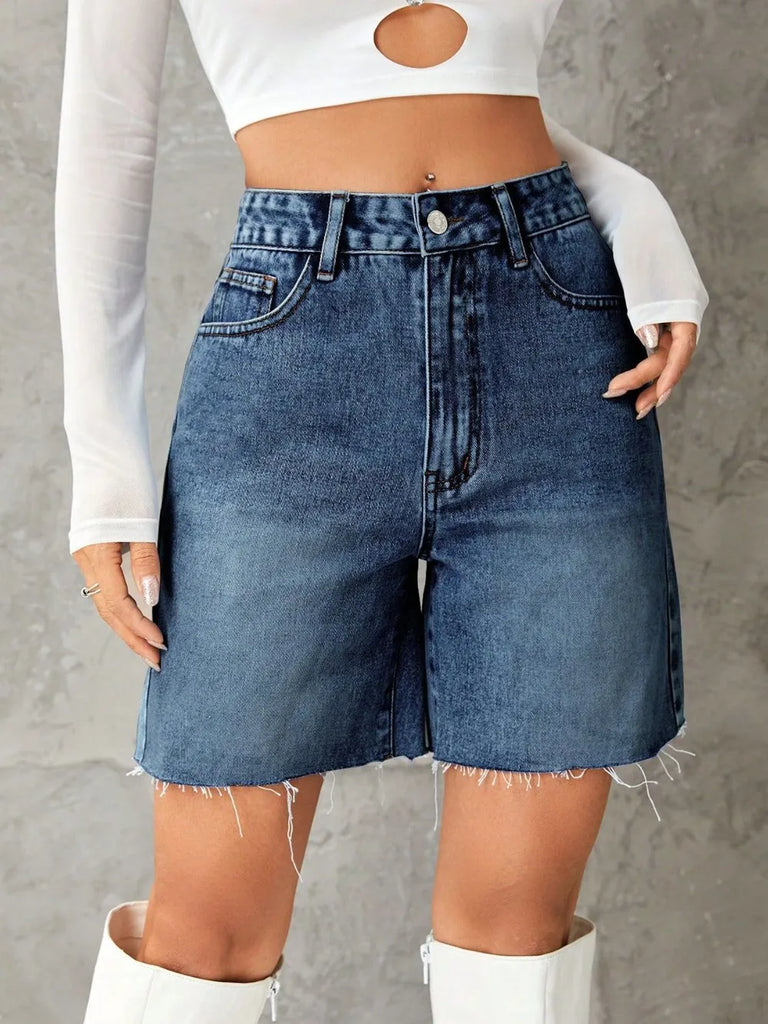 Frayed hem high waist denim shorts – casual summer essential – MYN2O