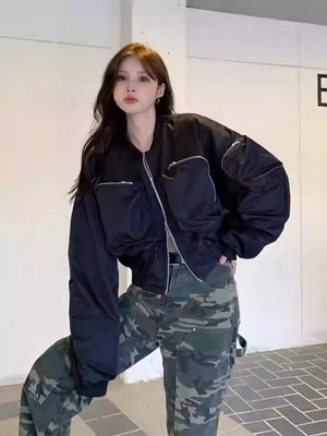 Casual Black Workwear-style Baseball Jacket Short Coat
