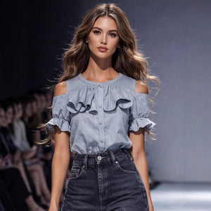 Women's Gray Ruffled-edge Short-sleeve Shirt