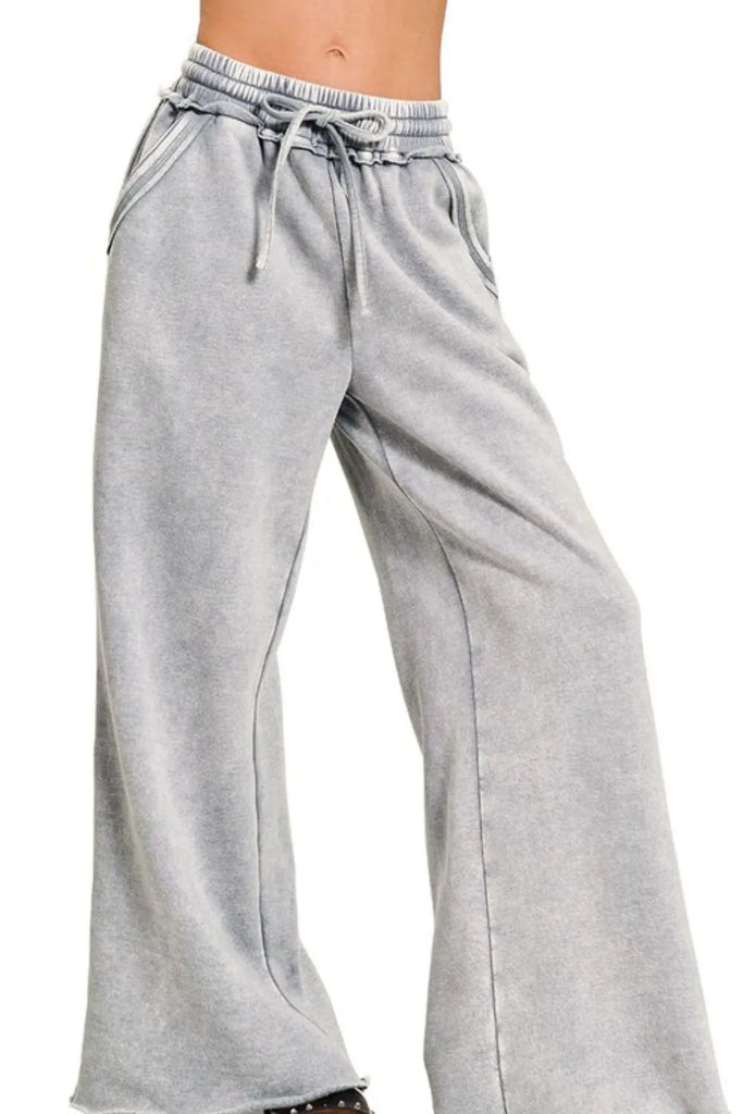 Zenana acid wash fleece palazzo sweatpants with adjustable waist and pockets – MYN2O