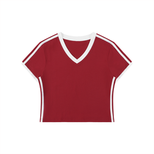 Women's Retro Binding V-Neck Crop T-Shirt – Slim Fit Vintage Crop Top