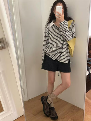 Simple Style Loose Striped Contrast Color Polo Collar Long Sleeve Top