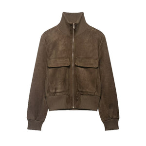 Retro Workwear Chic Comfortable Casual Stand-collar Zip-up Slim-fit Jacket With Pockets