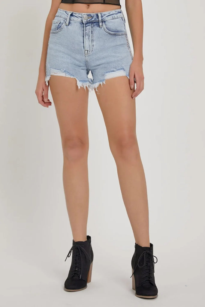 RISEN high rise denim shorts with rhinestone strap embellishments – glam summer style – MYN2O