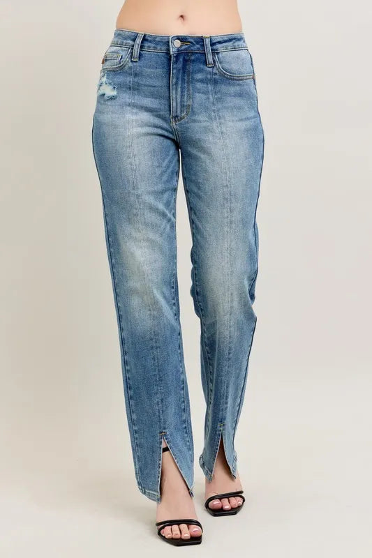 Judy Blue plus-size high waist vintage wash front seam slit straight jeans – stylish everyday denim – MYN2O