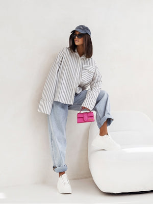 2026 NEW Women's Casual Stripes Shacket Button Down Long Sleeve Shirt Jacket Coats With Pockets