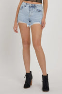 RISEN high rise denim shorts with rhinestone strap embellishments – glam summer style – MYN2O