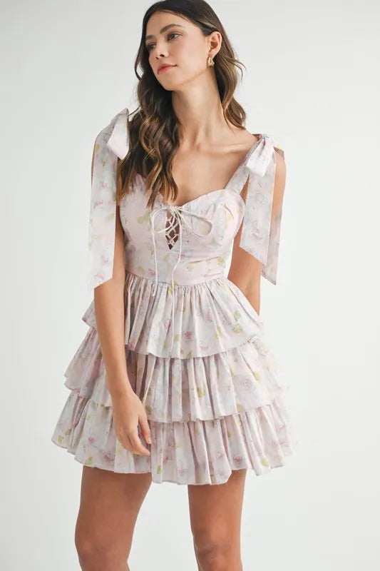 MABLE Floral Print Shoulder Tie Layered Mini Dress – MYN2O
