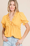 Lime N Chili Solid Ruffled Deep V-Neck Puff Sleeve Babydoll Top – MYN2O