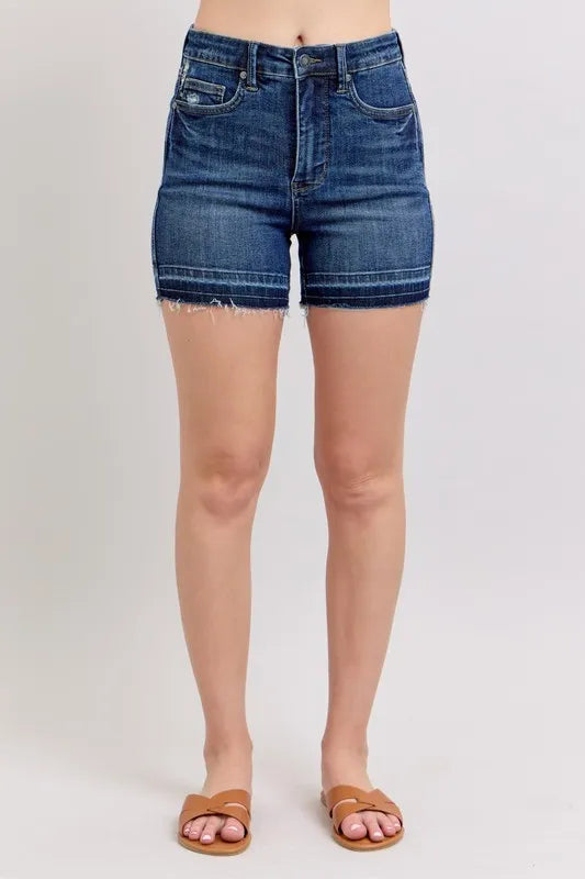 Judy Blue high waist tummy control destroy release hem denim shorts plus size – sculpted summer fit – MYN2O

