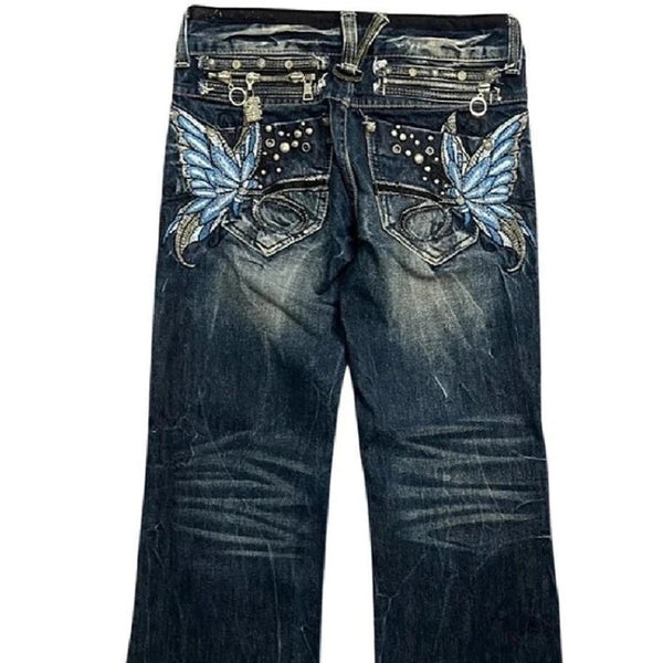 Butterfly-embroidered Low-rise Jeans Womens Y2K Vintage Style