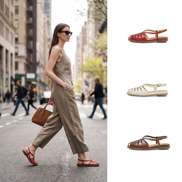 Women's Premium Full Grain Leather Woven Roman Sandals, Closed Toe Slingback Flat Shoes