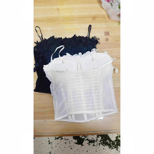 Sexy Chic Fishbone Mesh Sheer Layered 3D Flower Tube Top Camisole With Padded Bra Lace Top