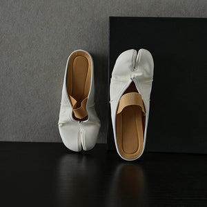 Women's Premium Washed Full Grain Leather Split-Toe Tabi Mules, Elastic Strap Ballet Flats