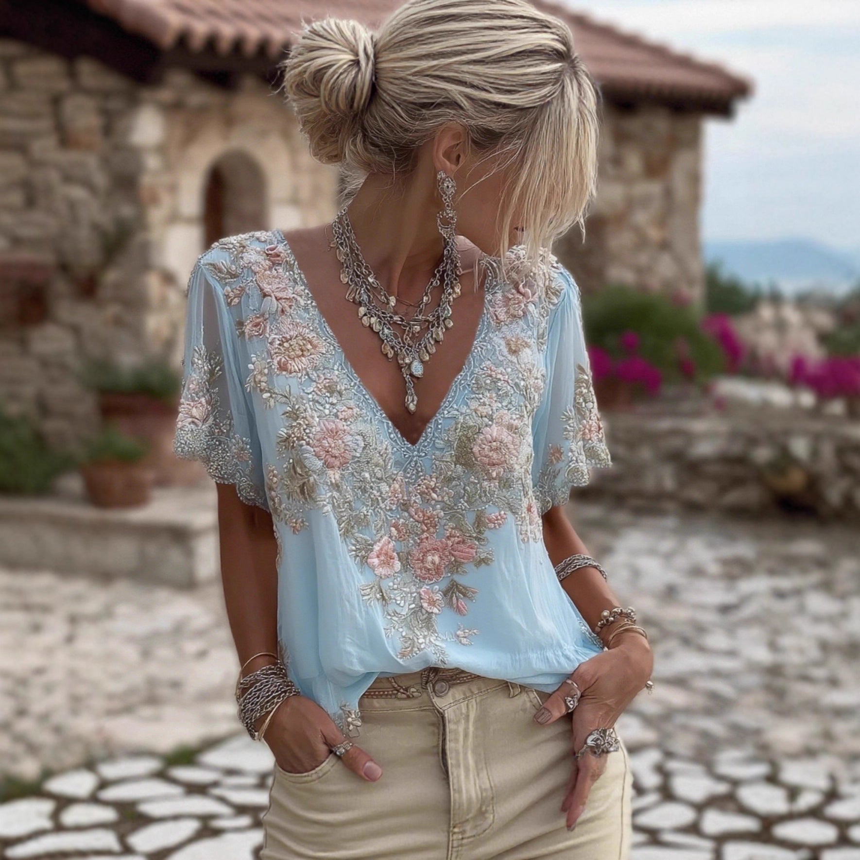 Womens V neck 3D printed Short sleeve Top With An Elegant  Artistic  And Vintage Vibe