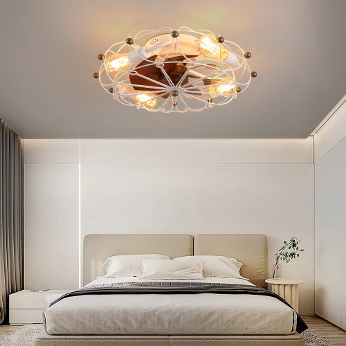 Low Profile Cage Ceiling Fan With Light Remote Control, Built-in Modern Industrial Ceiling Fan