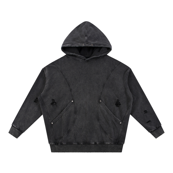 Snow Washed Distressed Panel Pocket Hoodie