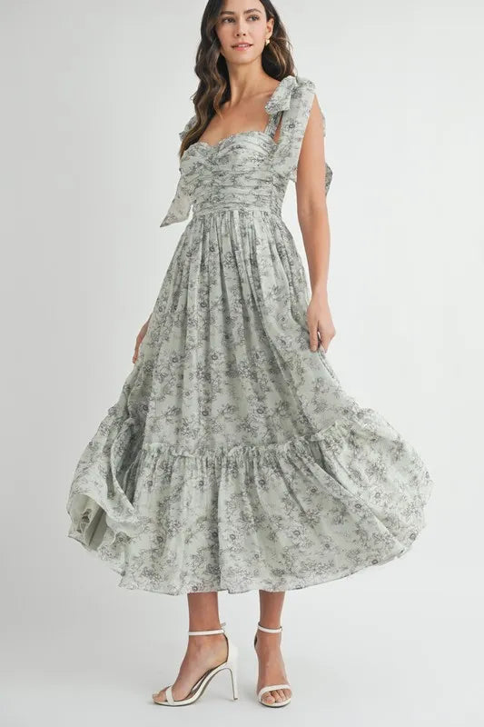 MABLE Floral Bust Ruched Midi Dress with Shoulder Tie – MYN2O