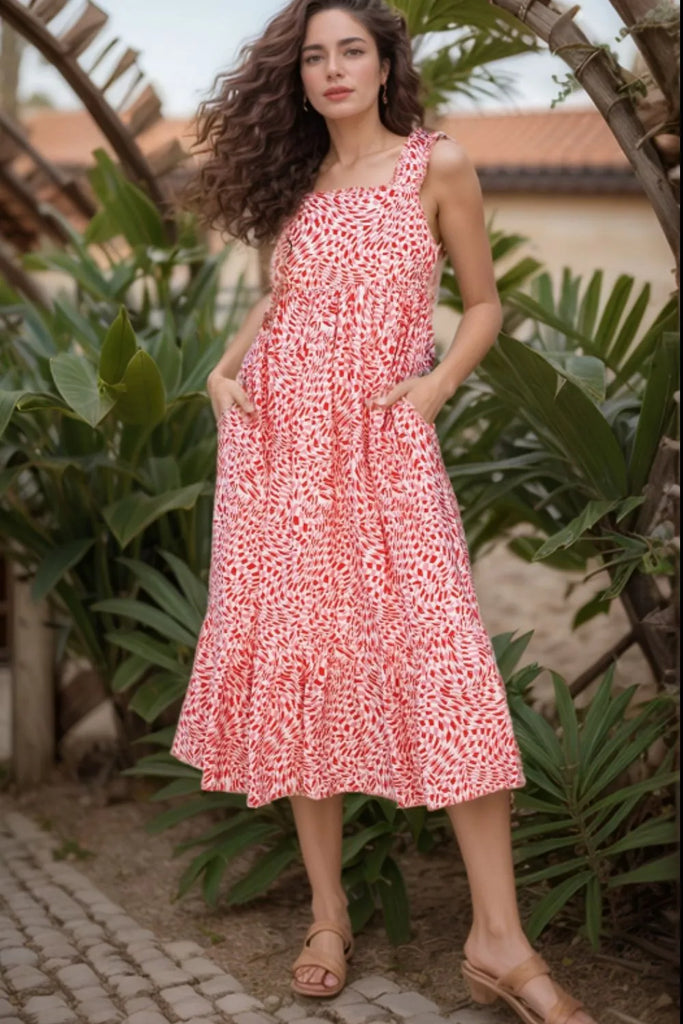Geometric Print Knot Back Sleeveless Ruffle Hem Dress – MYN2O