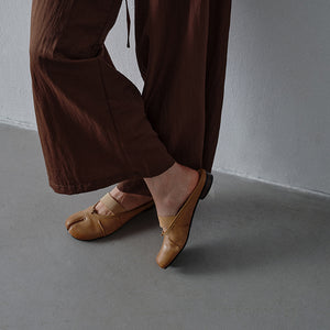 Women's Premium Washed Full Grain Leather Split-Toe Tabi Mules, Elastic Strap Ballet Flats