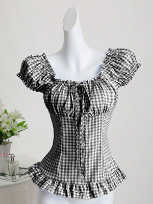 Plaid Cinched-waist Versatile Top For Women