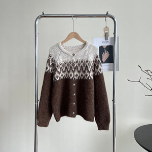 Contrast Color Jacquard Thickened Sweater Coat Women