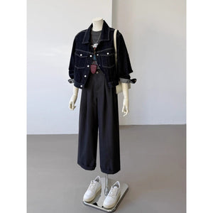 Korean Style Pocket Lapels Retro Dark Blue Short Denim Coat
