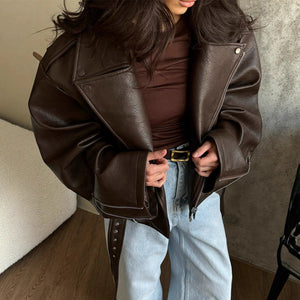 Turn-down Collar Short  Laced Brown Leather Jacket