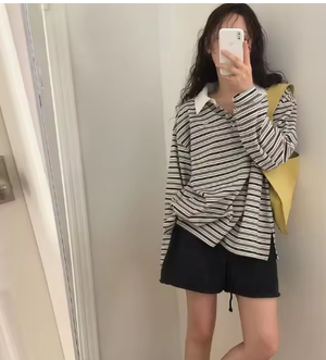 Simple Style Loose Striped Contrast Color Polo Collar Long Sleeve Top