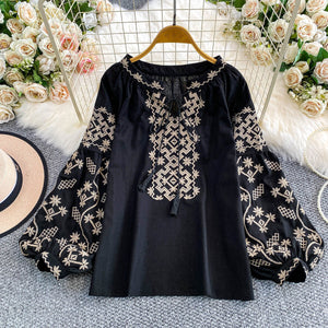 Retro Embroidered Puff Sleeve Shirt For Women