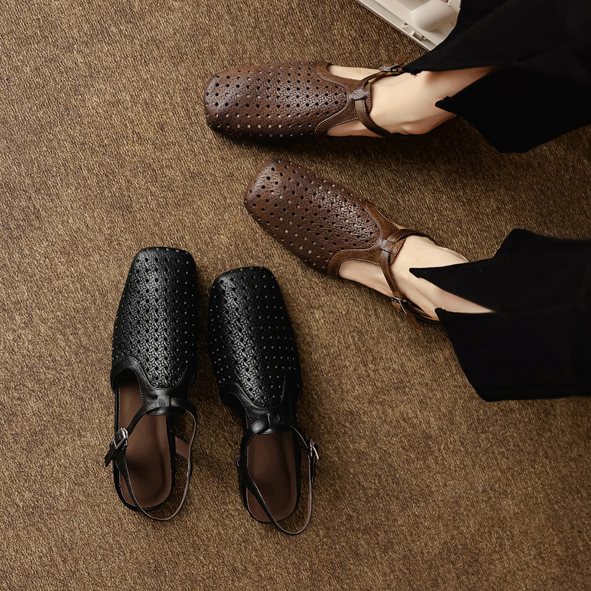 Women's Washed Full Grain Leather Slingback Sandals, Perforated T-Strap Closed-Toe Flat Shoes