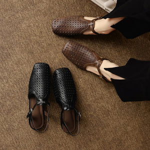 Women's Washed Full Grain Leather Slingback Sandals, Perforated T-Strap Closed-Toe Flat Shoes