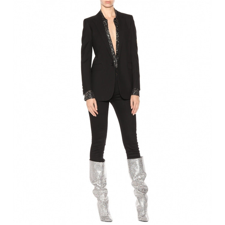 Rhinestone High-heeled Pointy Nightclub Show Knee-length Boots