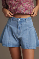 Pleated patchwork panel lightweight denim shorts – bold casual summer style – MYN2O
