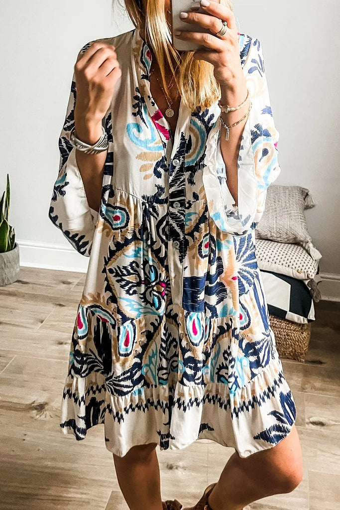 Printed Notched Three-Quarter Sleeve Mini Dress – MYN2O